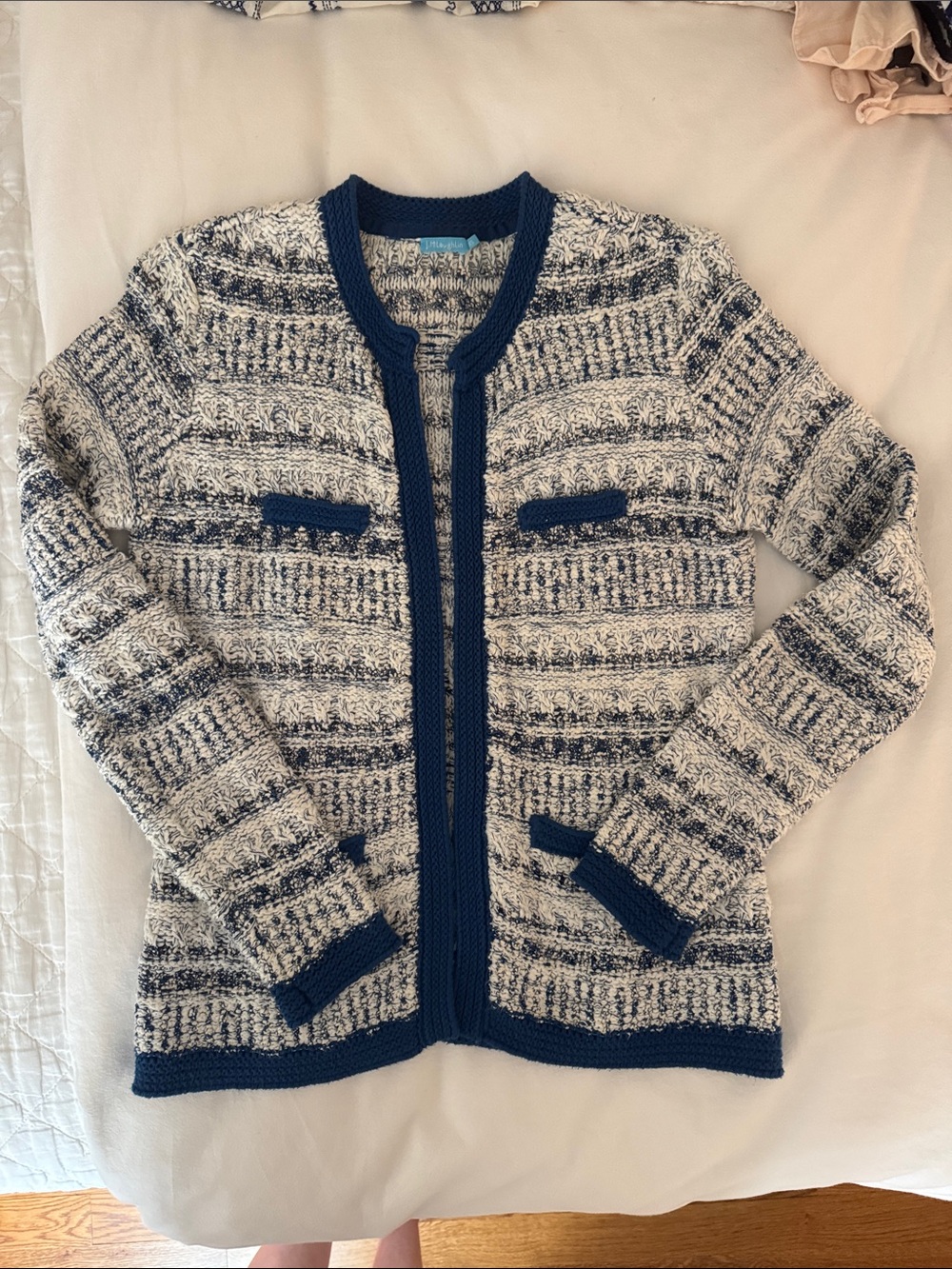 Women’s Bright Blue and White Knit Cardigan Sweater